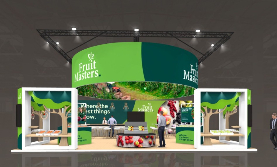 Engaging Stand Design of Fruitmasters at the FRUIT LOGISTICA exhibition. Designed and realized by booth builder Eldee Expo Experts. 